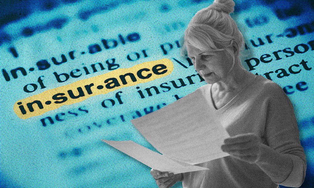 A woman with gray hair in a bun is holding and reading papers. The background features an enlarged, highlighted dictionary definition of the term 'life insurance,' emphasizing its pronunciation and spelling. The image suggests a focus on insurance literacy or information.