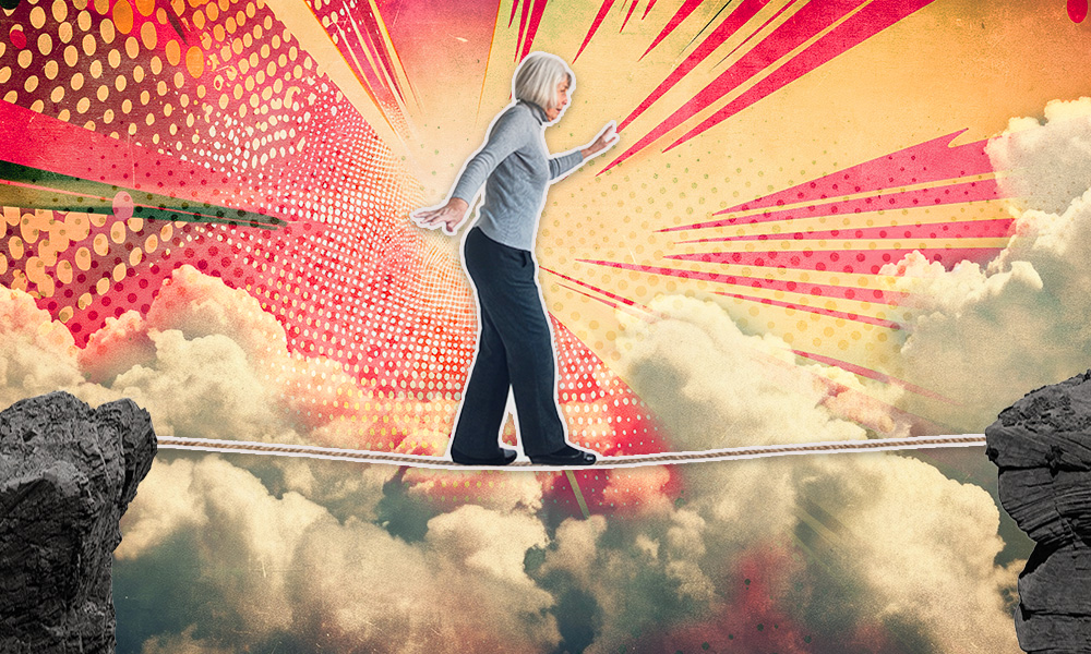 An elderly woman carefully balances on a tightrope stretched between rocky cliffs, with a vibrant, explosive background symbolizing the precarious and dynamic nature of navigating retirement challenges.