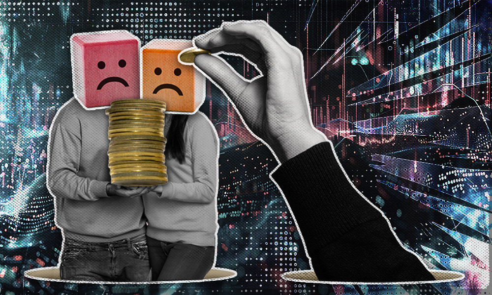 The image depicts two figures with sad emoji faces holding a stack of coins, symbolizing financial concerns, while a hand with a coin reaches towards them
