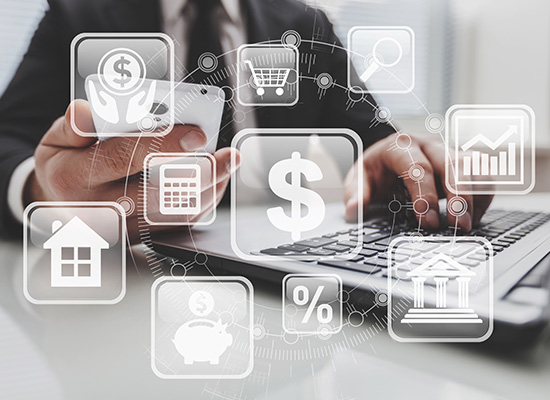  person uses a laptop with overlaid financial icons representing various aspects of financial planning, including a calculator, dollar sign, shopping cart, and graphs.