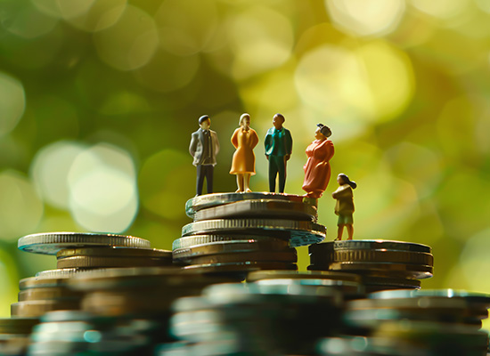Miniature figures of people stand atop stacks of coins, symbolizing financial planning and investment strategies.