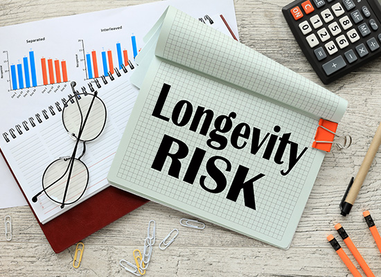 A notebook displays 'Longevity RISK' text alongside financial charts, a calculator, and office supplies, highlighting concerns about long-term financial planning.