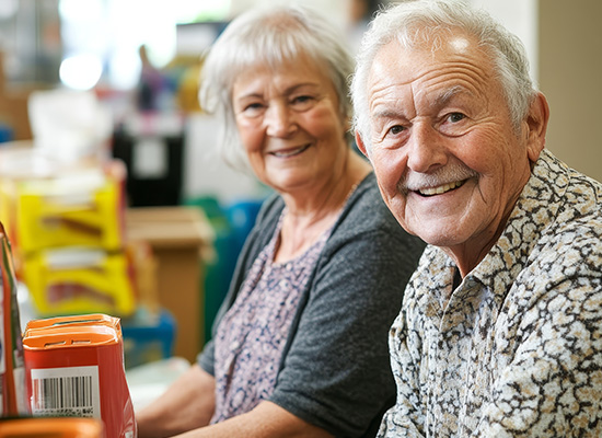 Two smiling seniors volunteering together, highlighting senior independence and support systems.