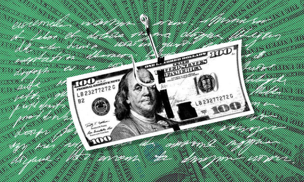 A $100 bill pierced by a fishhook is set against a vibrant green background with textured detailing, subtly hinting at the dangers of inheritance fraud.