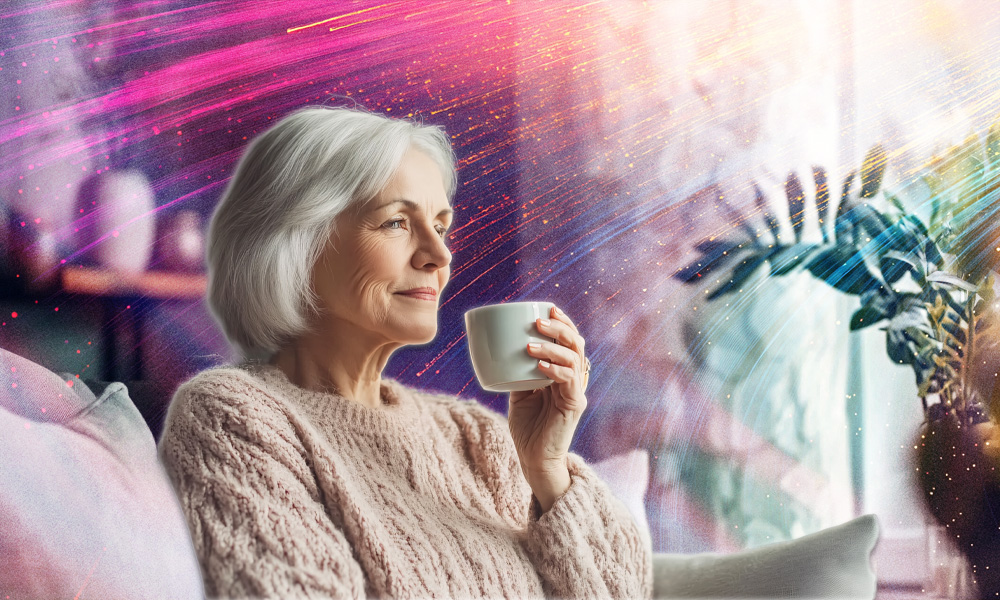 A serene older woman enjoying coffee at home illustrates aging in place and the significance of community connections, neighbors helping seniors, and informal care networks