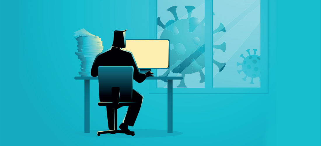 Animated man sitting at computer desk with coronavirus outside