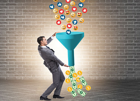man holding funnel with social media impressions within it
