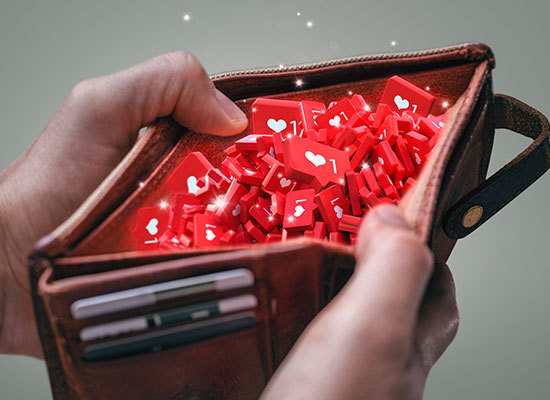 wallet opened with 'liked' icons inside instead of money