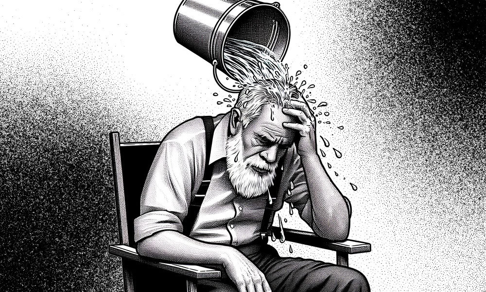 drawing of older man looking stressed with a buckket of water being pured on his head