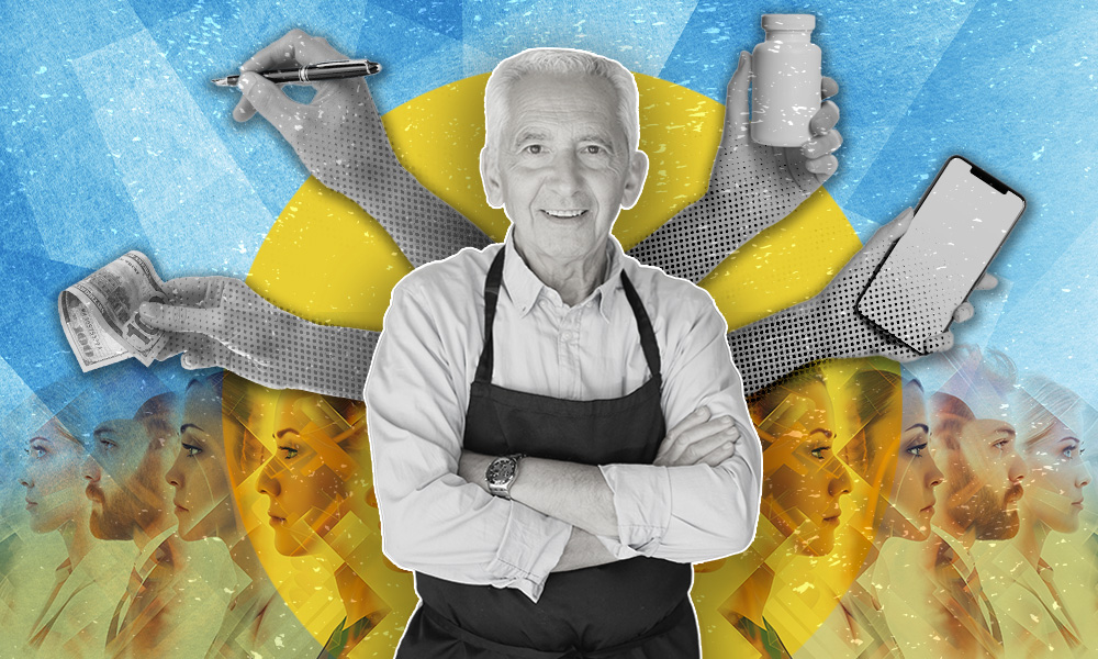 A collage featuring a smiling elderly man in an apron at the center, surrounded by images of a pen, paper, smartphone, and medication, on a multicolored geometric background.