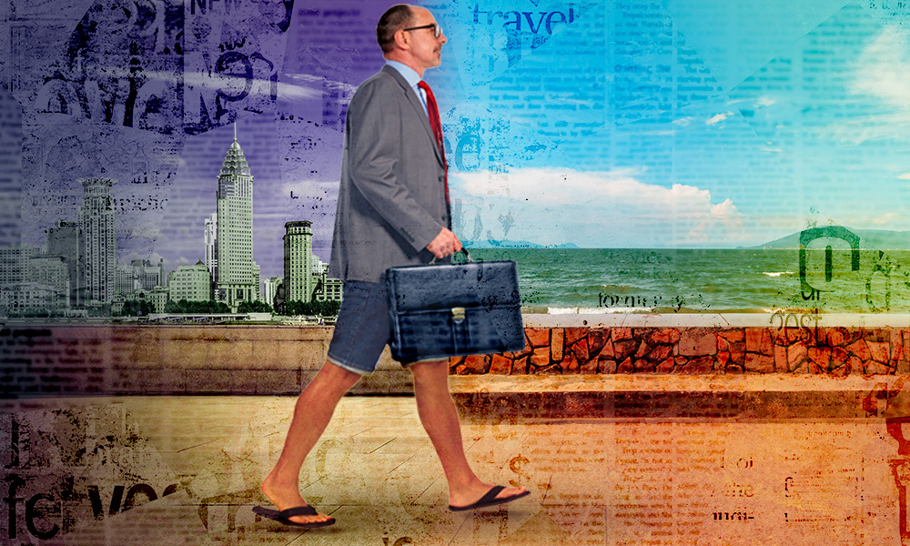 A man dressed in a mix of business and casual attire walks confidently with a briefcase along a path that transitions from a cityscape to a beach, symbolizing the gradual shift into a phased retirement.