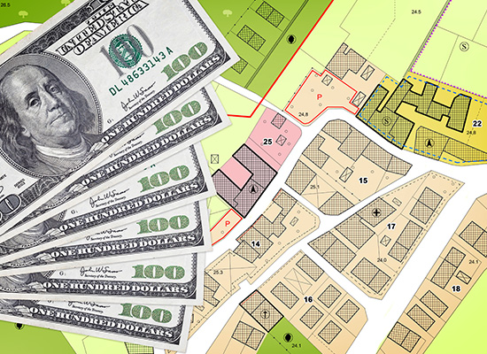 An illustrated neighborhood map with a hundred dollar bills, highlighting the financial considerations of retirees downsizing and relocating.