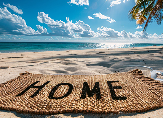 A picturesque beach with a floor mat stating 'Home,' representing retirees considering relocation and housing options in a climate that is ideal.