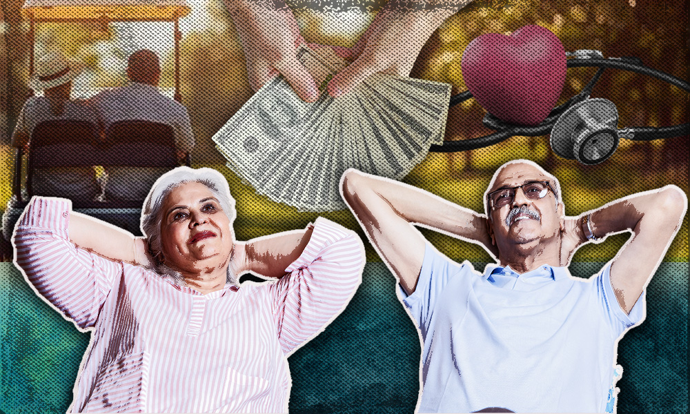 Retired couple relaxing while symbols of money, health, and lifestyle float above, representing key retirement considerations.