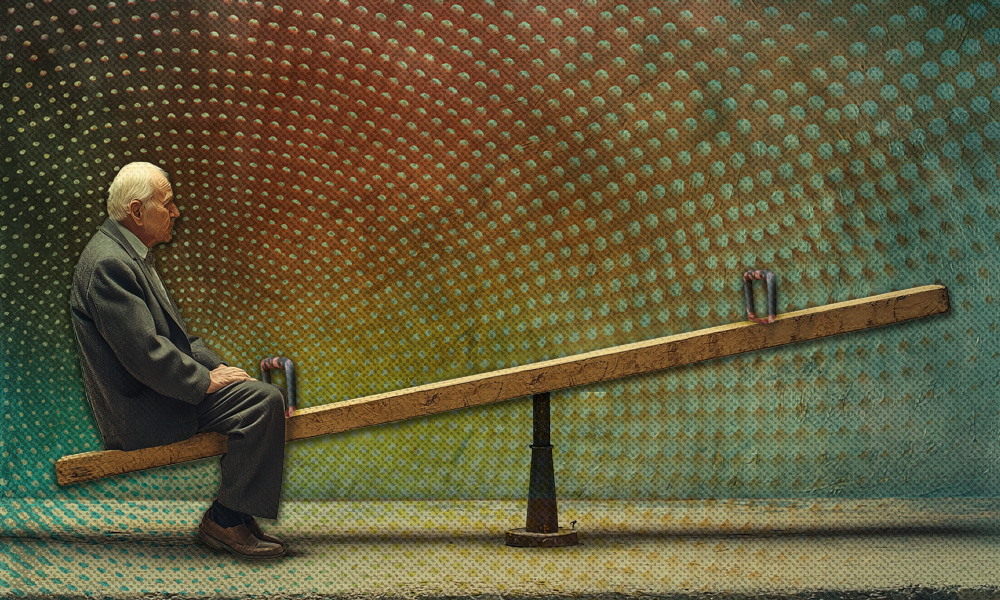 An elderly man sits alone on a seesaw, visually representing the imbalance and challenges of solo aging
