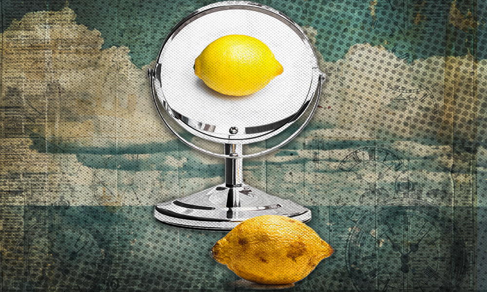 A lemon gazes at its reflection in a vanity mirror, seeing a perfect, unblemished version of itself