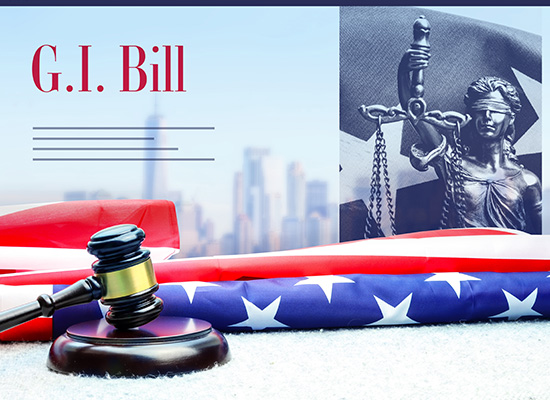 A symbolic image featuring the G.I. Bill, a gavel, and the American flag highlights education benefits available to veterans for financial and career planning.