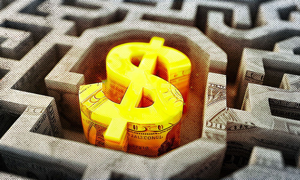  A glowing dollar sign at the center of a maze