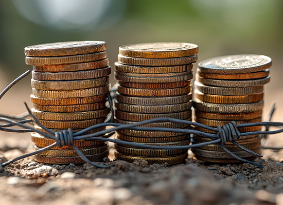 Stacks of coins wrapped in barbed wire