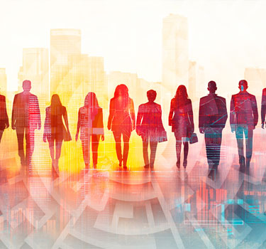 Silhouetted figures of diverse workers, including older Americans and seniors, walking in a city