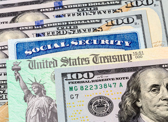 A collage of U.S. currency, Social Security card, and Treasury check symbolizing retirement income planning