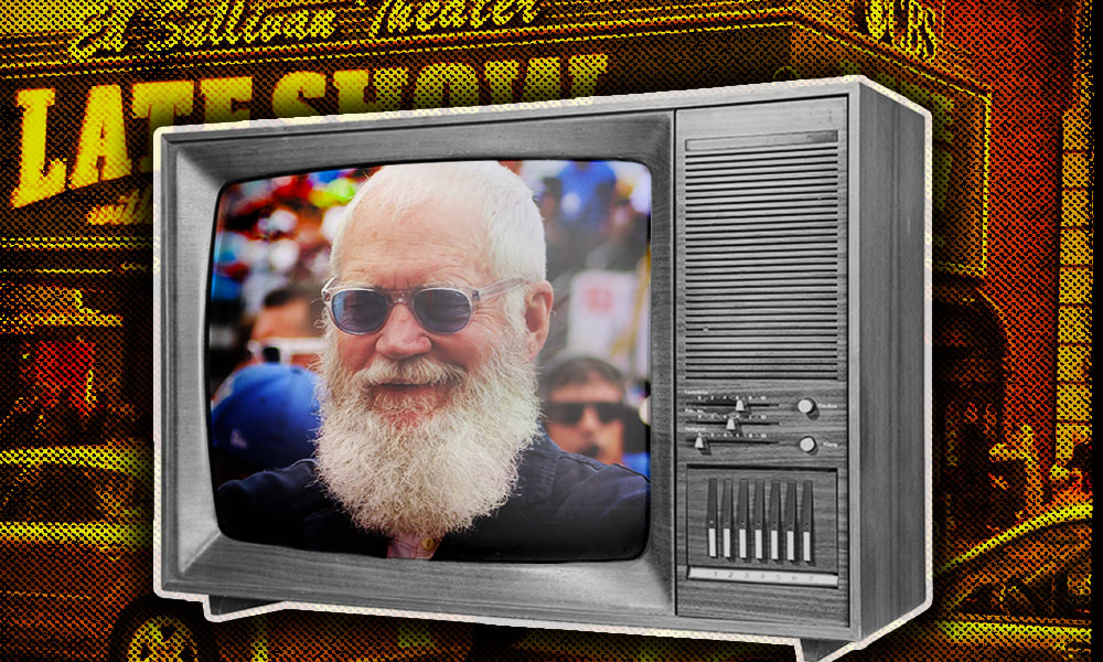 A retro television screen displays an image of an older, bearded David Letterman