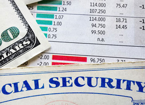 A close-up of Social Security documents, cash, and a retirement plan chart, highlighting the importance of Social Security benefits, retirement income sources, and financial security amidst inflation.