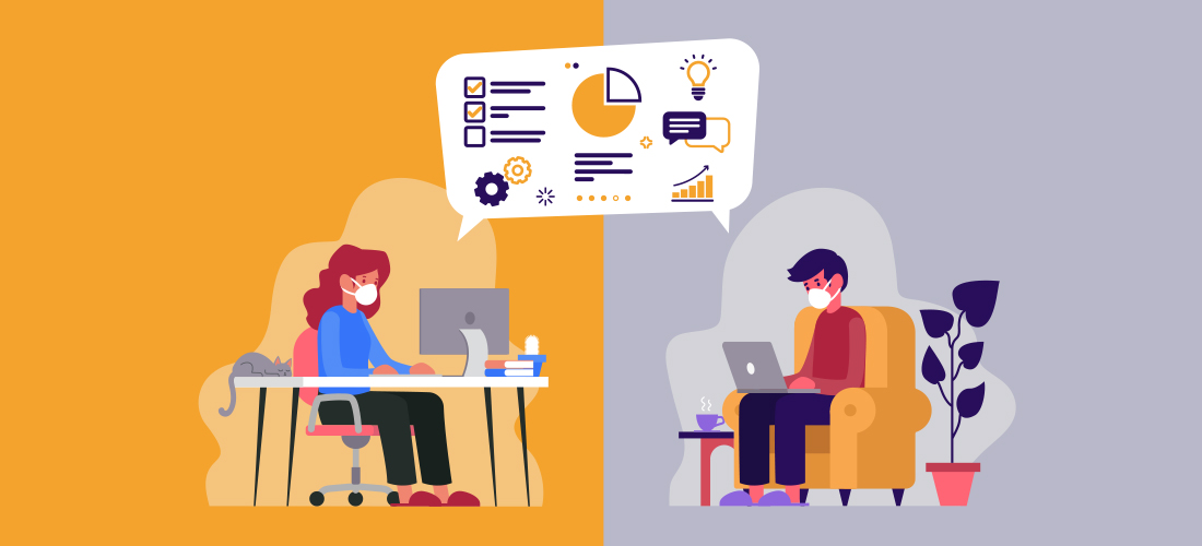 Man and woman working together while working remotely