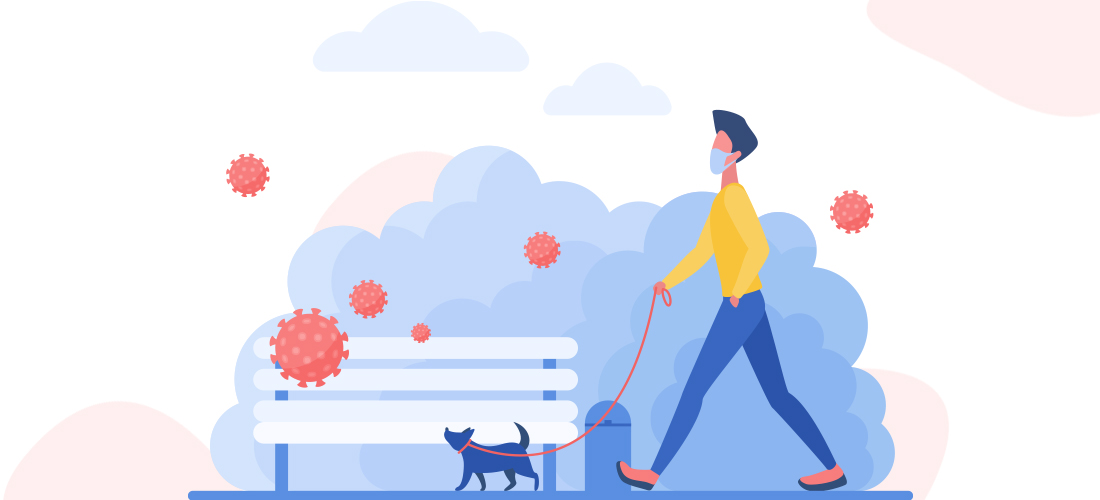 Animated man with mask walking dog in a park with animated COVID-19 viruses floating around in the air