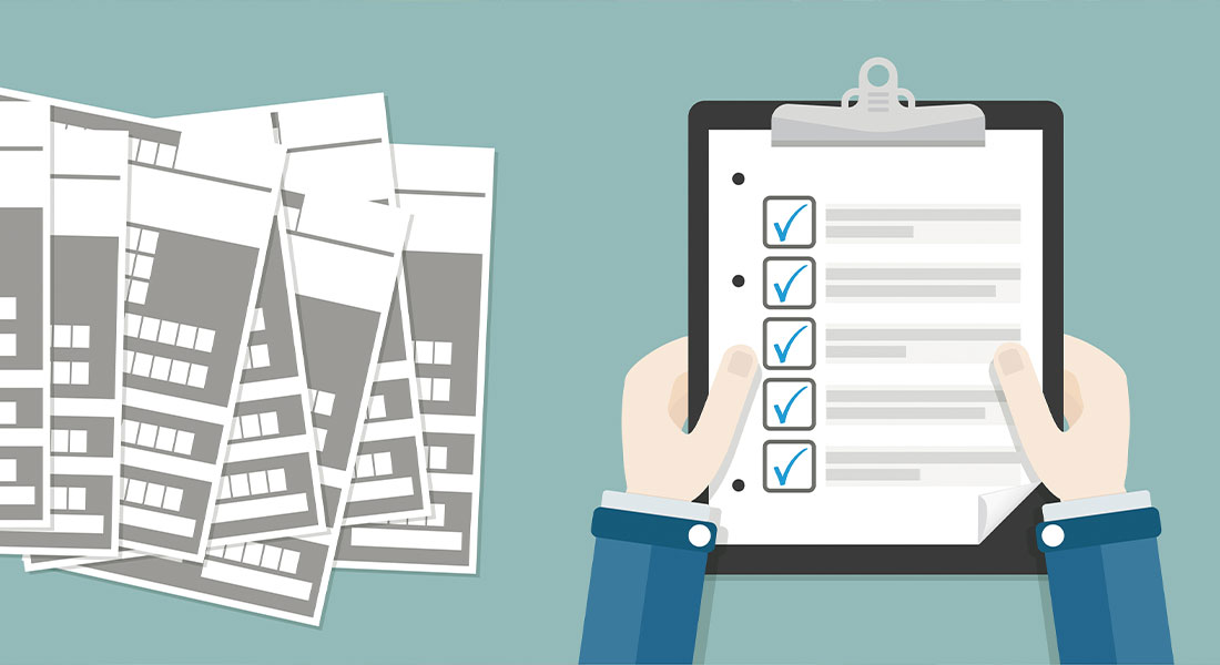 A cartoon graphic of someone holding a clipboard containing a checklist.