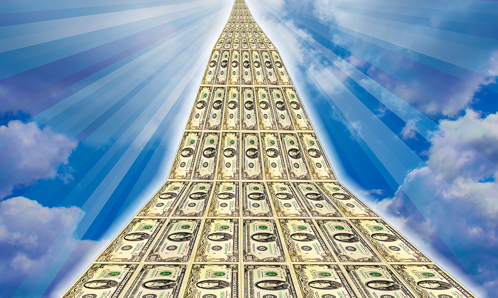 A path made of dollar bills extending towards a bright sky, symbolizing steady cash flow.
