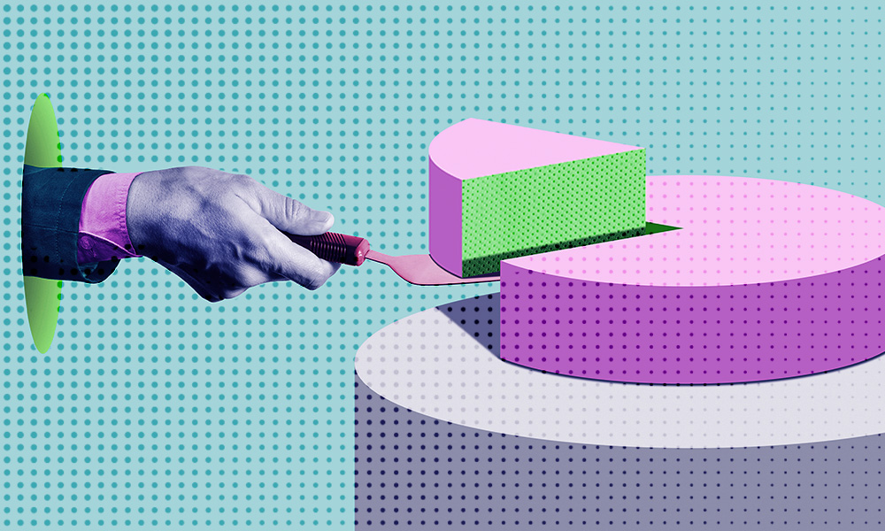 A stylized image featuring a hand in a business suit sleeve using a cake server to slice through a large, round, multi-colored cake on a pedestal, set against a dotted background.