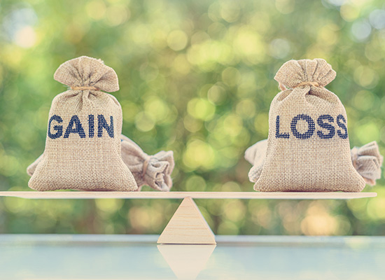 Two burlap sacks labeled 'gain' and 'loss' balanced on opposite ends of a seesaw. a serene, green blurred background suggests a peaceful outdoor setting.