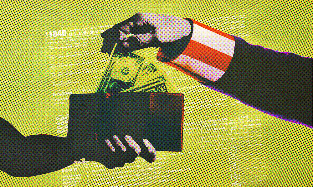 An illustrative image showing a hand in a suit sleeve taking cash from a wallet held by another hand, against a grainy yellow background, symbolizing taxes.
