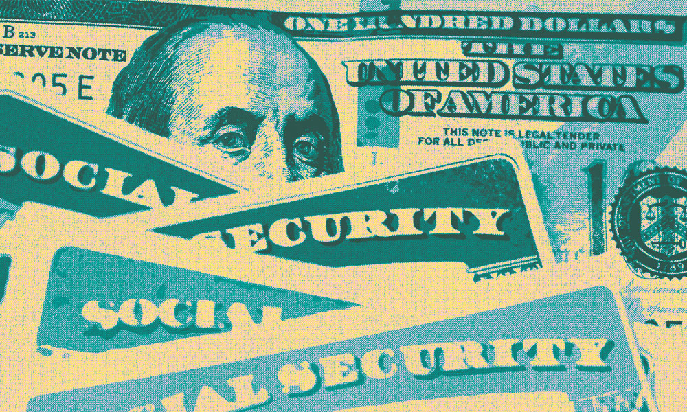 A close-up image features several Social Security cards partially covering a U.S. 100 dollar bill, highlighting the interplay between taxes and social security. The prominent partial face of Benjamin Franklin on the bill and the words 'Social Security' on the cards are clearly visible in a stylized, high-contrast color scheme.