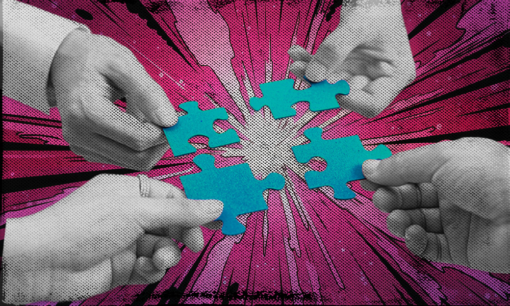 Four hands each holding a blue puzzle piece against a vibrant, explosive background, symbolizing the essential factors to consider when converting to a Roth IRA.