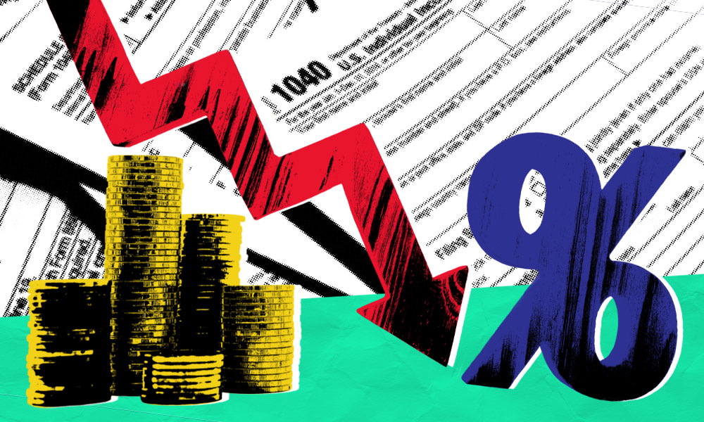 A stack of golden coins is shown next to a large purple percentage sign and a red, downward-pointing arrow. In the background, there are blurred tax forms, including a prominent '1040' form, symbolizing taxes or financial decline related to required minimum distributions.