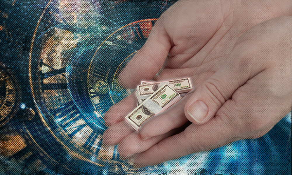  Hands holding a small stack of money in front of a clock background