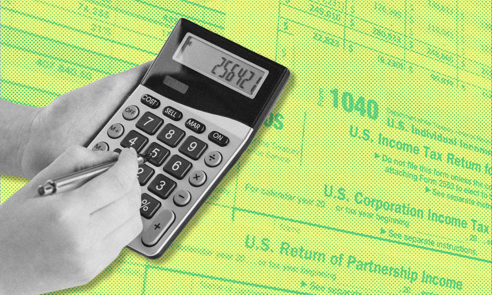 Hands holding a calculator and pen overlaid on a background of U.S. income tax return forms, highlighting the importance of tax planning