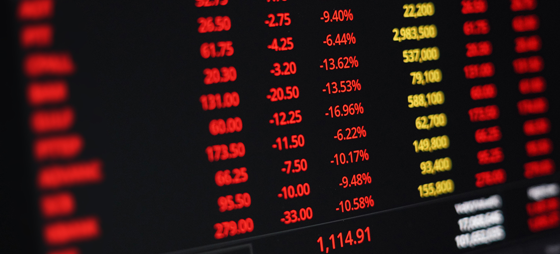 Numbers on a computer screen showing up and down movement of the stock market